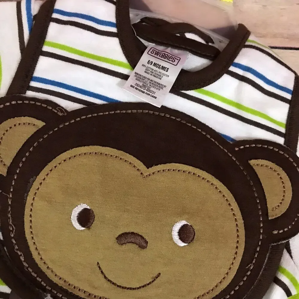 Swiggles Boys Outfit Size 6-9 Mo Monkey 3‎ Piece Set Bib Green Blue Brown NEW